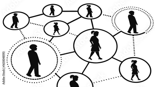 Network of Silhouetted People Connected by Lines and Dotted Paths.