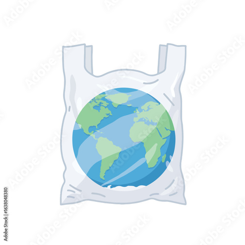 A plastic shopping bag encloses a detailed Earth illustration, symbolizing environmental pollution and the impact of plastic waste.