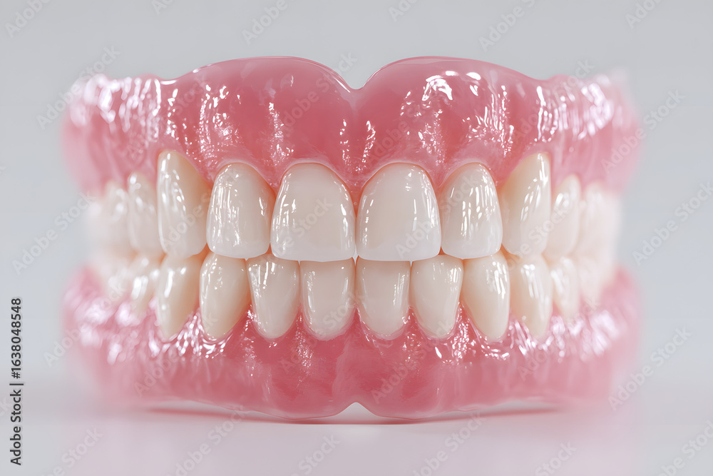 Obraz premium High quality 3D rendered denture set showing gleaming white teeth with realistic gum texture, highlighting dental prosthetics and oral care Dental care background