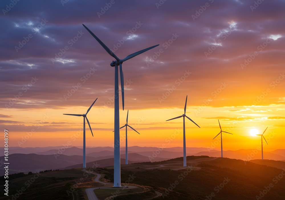 Fototapeta premium Wind turbines stand tall on a hilltop at sunset, generating clean energy against a vibrant, colorful sky.