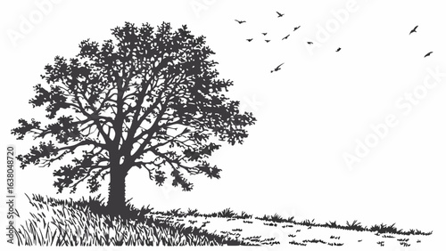 Silhouette of a Tree with Birds Flying Above Grassy Hill.