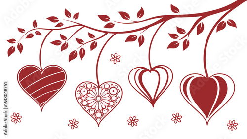 Ornate Red Hearts Hanging from Branch with Leaves and Flowers.