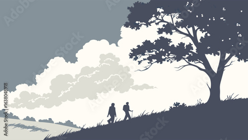Silhouettes of Hikers on a Hillside Under a Cloudy Sky.