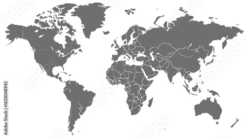 Simplified Gray World Map Depicting Global Continents and Countries.