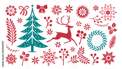 Scandinavian Christmas Design Elements Tree Reindeer and Floral Motifs.