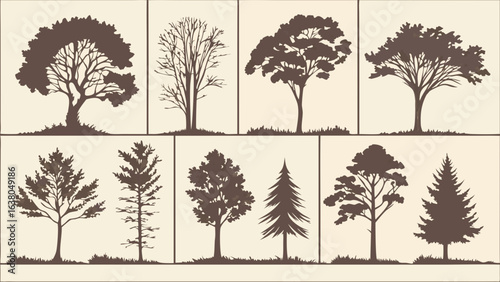 Silhouette Collection of Various Tree Types and Styles.