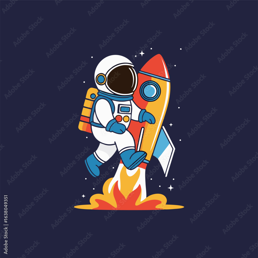 Fototapeta premium Adventurous astronaut character happily perched on a colorful rocket, representing the thrill of space exploration.