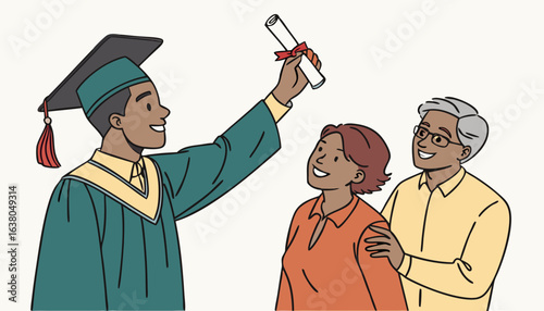University students life. Happy young graduate guy receives diploma and takes memorable photo with parents. Education, learning and studying. Flat vector illustration isolated on background         