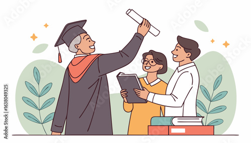 University students life. Happy young graduate guy receives diploma and takes memorable photo with parents. Education, learning and studying. Flat vector illustration isolated on background         