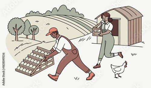 Chicken egg poultry farm            Man and woman move pallet           