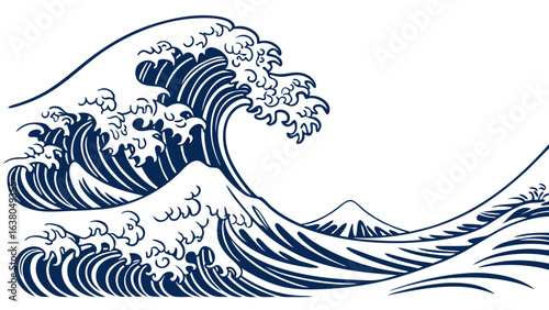 Stylized Japanese Wave Illustration with Mount Fuji in the Background.