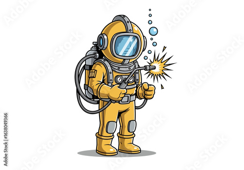 Vibrant cartoon illustration of a deep-sea diver in a classic yellow suit, skillfully performing underwater welding with sparks and bubbles, showcasing a challenging industrial occupation.