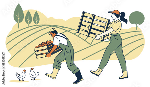 Chicken egg poultry farm            Man and woman move pallet           