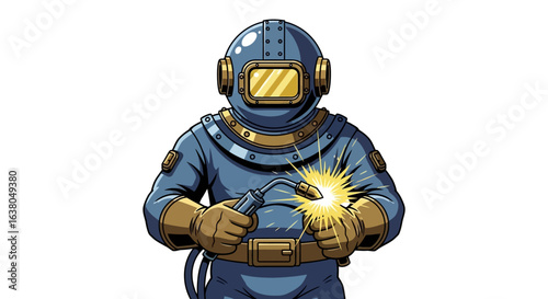 cartoon illustration Underwater professional in a vintage diving helmet and suit uses a welding torch for subsea construction or repair