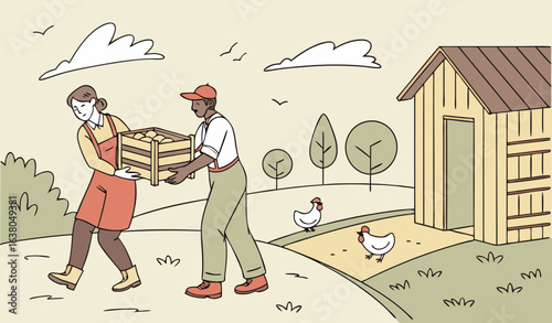 Chicken egg poultry farm  Man and woman move pallet           