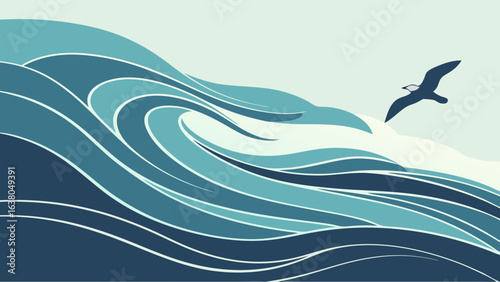 Stylized Ocean Waves with a Flying Bird Illustration.