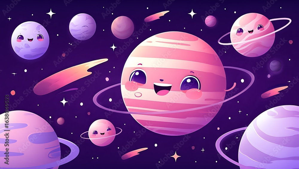 Naklejka premium Cute Cartoon Planets with Smiling Faces Floating in a Purple Starry Galaxy