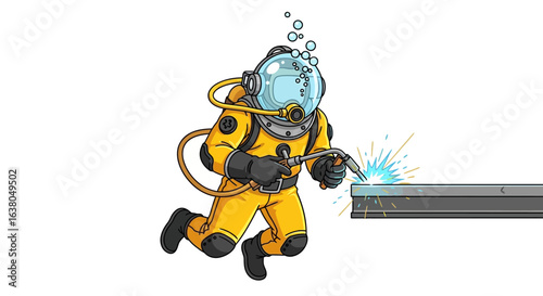 Illustration of a professional underwater welder in a vintage diving suit using a torch on a metal beam