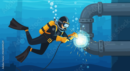 Commercial diver performing underwater welding on an industrial pipeline. Skilled subsea repair and maintenance work vector illustration