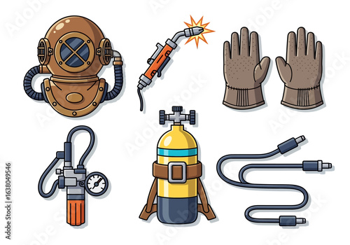 A collection of vector icons for underwater welding, featuring a diving helmet, scuba tank, torch, and protective gear.