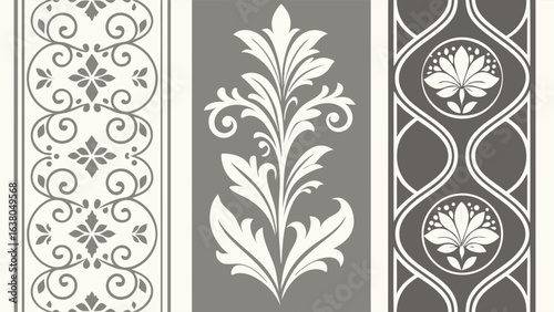 Three decorative floral and swirl pattern designs in vertical format.