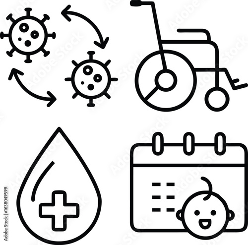 A collection of four simple line art icons representing virus, wheelchair, blood donation, and a calendar with a baby, symbolizing health and medical concepts.