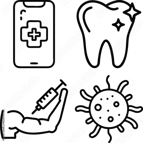 A collection of four simple line art icons depicting a smartphone with a medical cross, a sparkling tooth, an arm receiving an injection, and a virus.