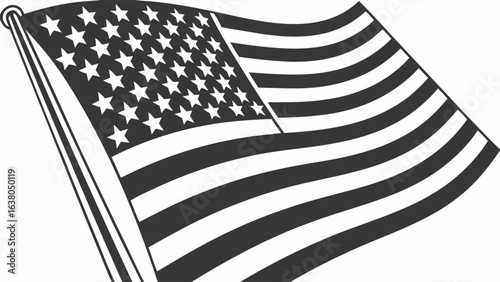 Waving American Flag Black and White Illustration.