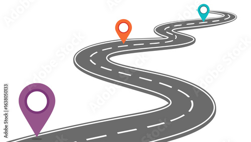 Winding Road with Colorful Location Markers Illustration 1.