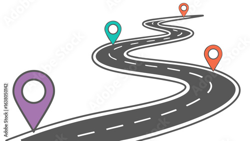 Winding Road with Colorful Location Markers Illustration.
