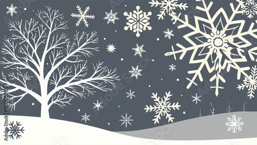 Winter Landscape with Bare Tree and Snowflakes on a Gray Background.