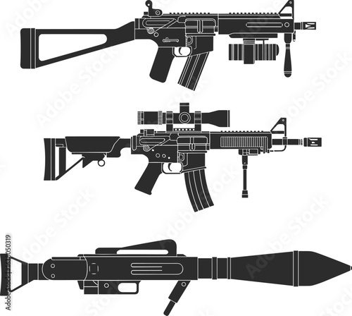 Military assault rifle silhouette illustration, modern sniper rifle vector design, RPG rocket launcher graphic, black weapon icons set, tactical firearms drawing, army combat equipment art, isolated