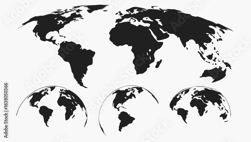 World Map Illustration Flat and Spherical Projections.