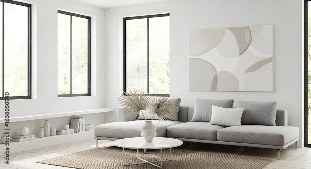 Fototapeta premium Bright contemporary living room interior featuring a comfortable grey sofa, minimalist decor, and large windows. Concept of modern home design.