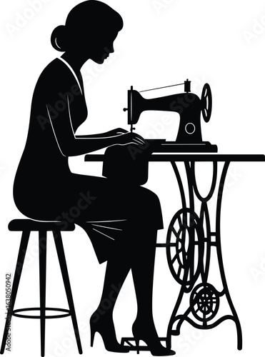 Vintage sewing scene silhouette of person on stool, using treadle machine, showcasing craftsmanship, historical garment making, artisan mood