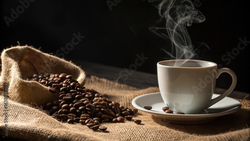 Steaming hot coffee in a white mug with roasted coffee beans spilling from a burlap sack