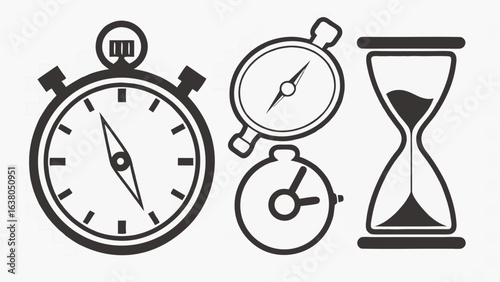 Time and Direction Stopwatch Compass and Hourglass Icons.