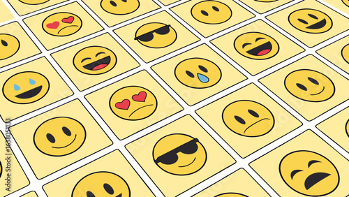Variety of Yellow Emoji Faces on Square Tiles with Red Borders.