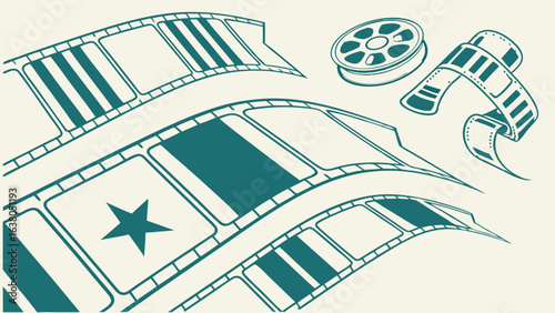 Vintage Film Reel Strips and Star Icon Illustration.