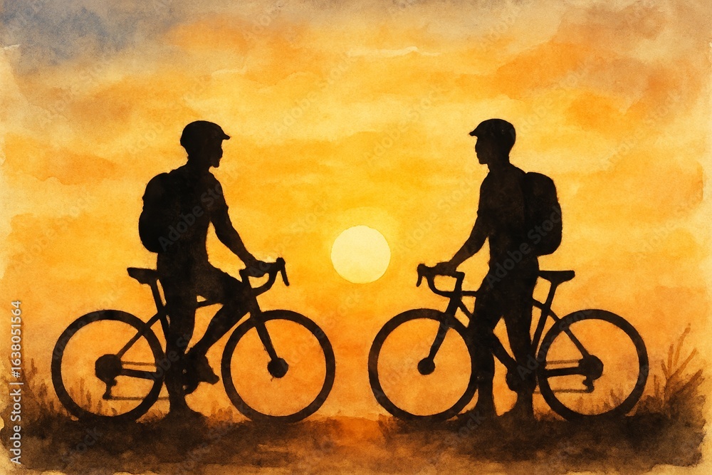 Obraz premium Watercolor of two cyclists at sunset, backpacks and road bikes, symbolizing travel, fitness, and friendship.