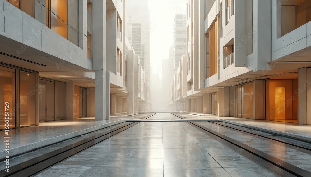 Obraz premium Modern urban architecture featuring clean vertical, horizontal lines. Buildings with neutral tones, glass facades line reflective walkway. Scene evokes sense of minimalist design, spaciousness,