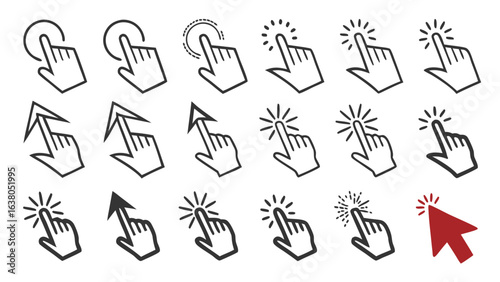 Collection of Touchscreen and Mouse Cursor Interaction Icons.