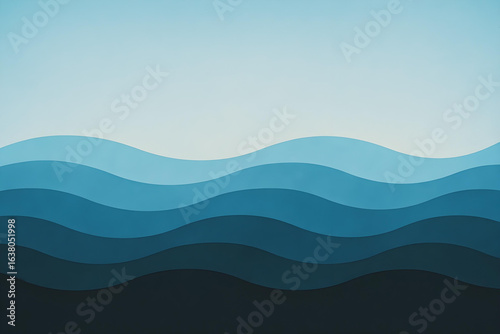 a landscape with rolling hills, serene blue sky, layered waves of green and blue mountains