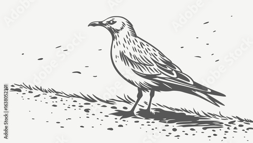 Detailed Illustration of a Standing Seagull on a Beach.