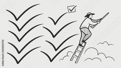 Farmer Climbing Ladder of Success with Checkmarks.