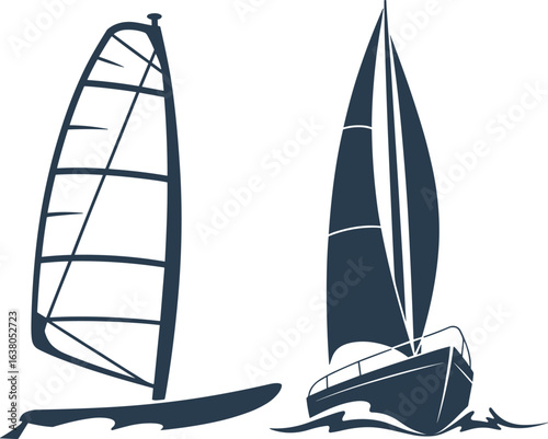 Sailing boat and windsurf board illustration, nautical vector art, water sports design, maritime adventure graphic, black and white ocean travel, sea vessel silhouette, marine activity concept