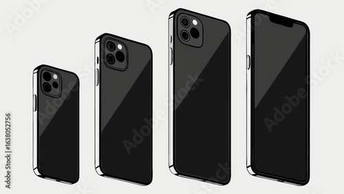 Four black smartphones of varying sizes with camera arrays.