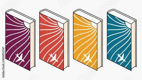 Four Isometric Book Covers with Sunburst and Airplane Designs.