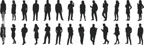 Title:
Group of business people silhouettes standing and walking, diverse men and women in professional attire, isolated on white background