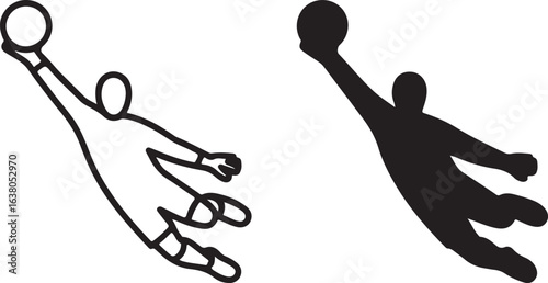 Soccer Goalkeeper Vector Icon: Line Art and Silhouette Symbol, Dynamic Action Pose